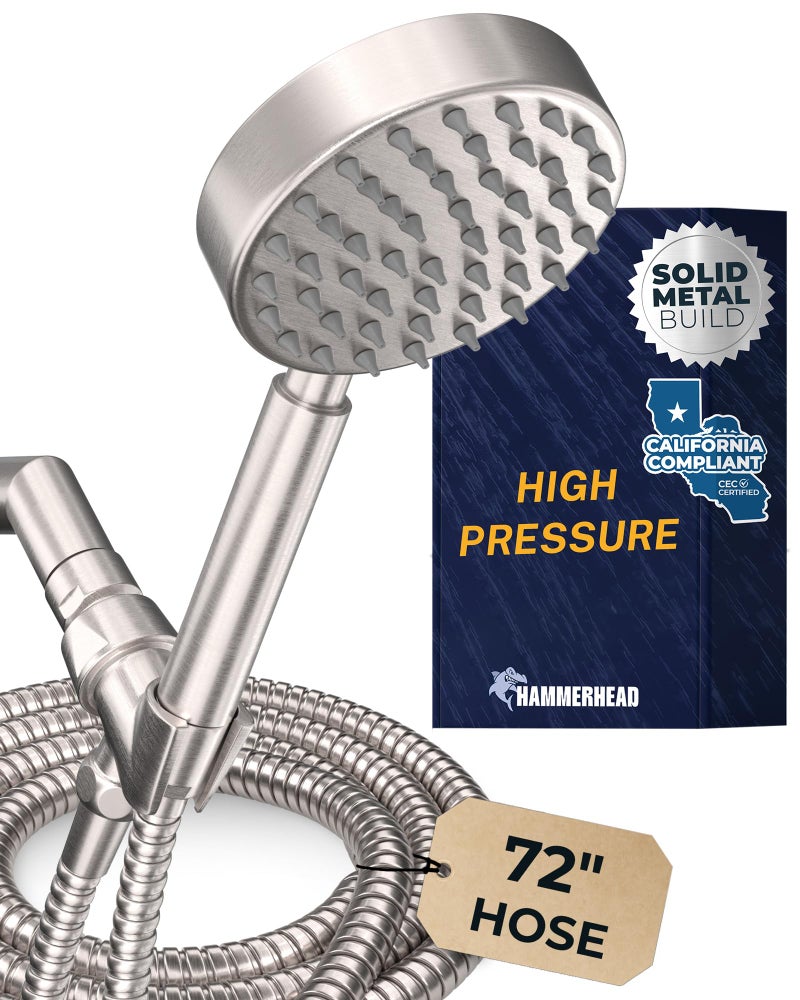 HammerHead ShowersÂ® Solid Metal LOW FLOW Handheld Shower Head with Hose and Brass Holder - BRUSHED NICKEL â€“ Water Saving 1.75 GPM Detachable Shower Head - Adjustable Shower Wand Bracket & 6ft Hose - Image 1